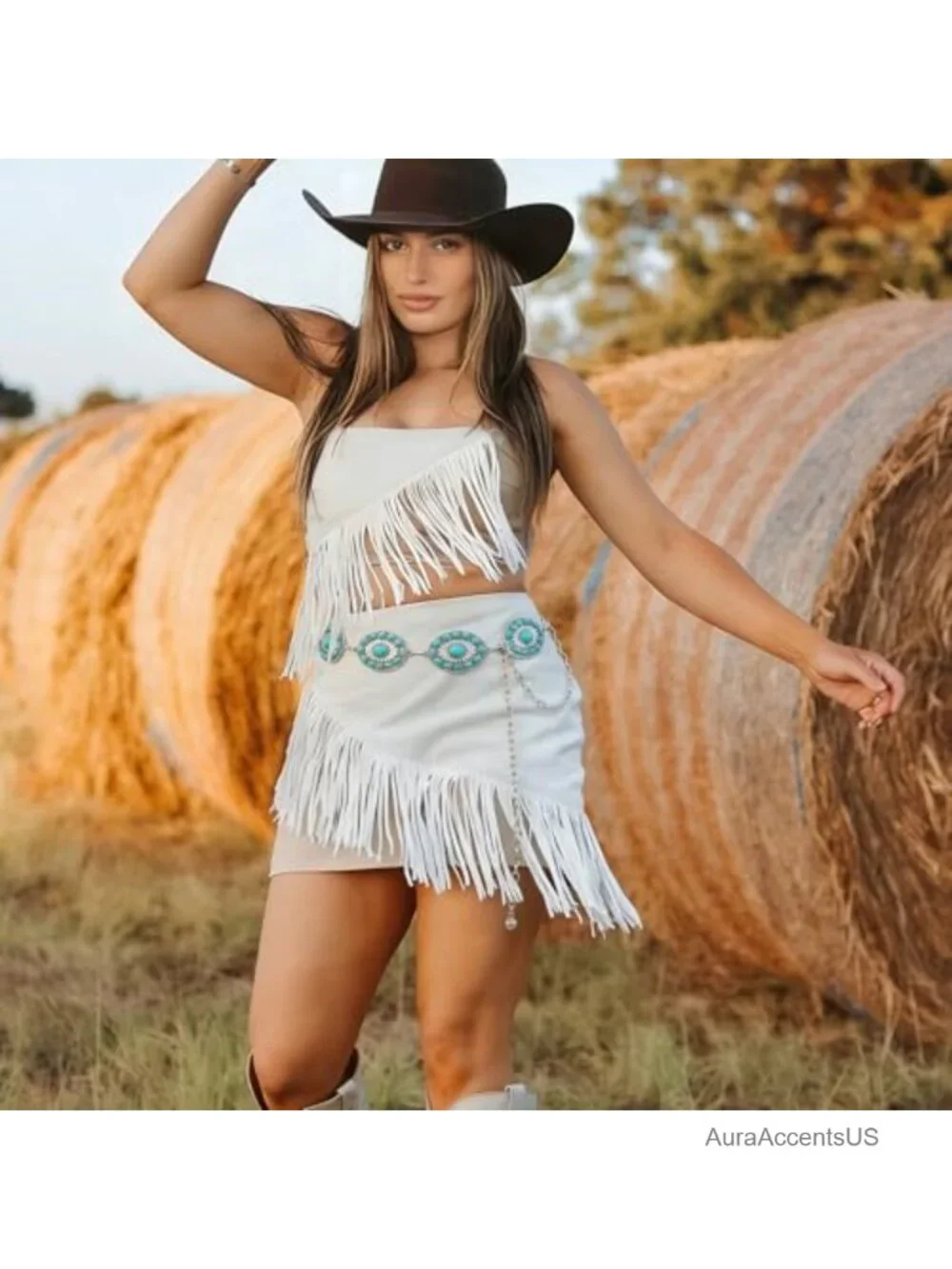 Western Metal Concho Turquoise Chain Belt for Women Country Concerts